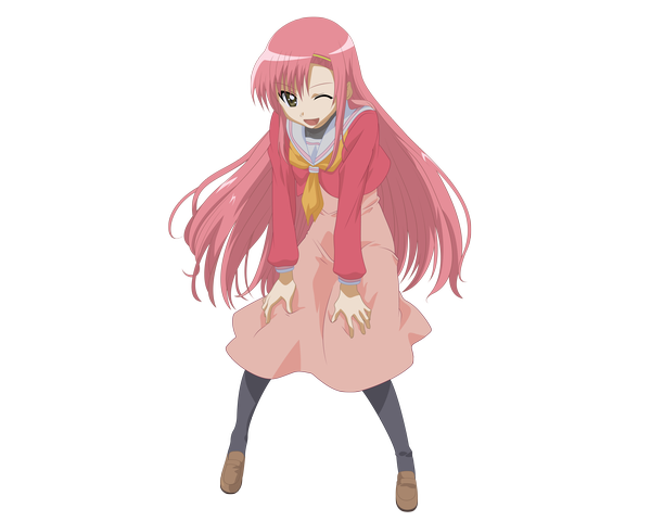 Anime picture 4000x3200 with hayate no gotoku! katsura hinagiku single long hair looking at viewer blush highres open mouth yellow eyes pink hair absurdres one eye closed wink transparent background vector girl thighhighs uniform hair ornament black thighhighs