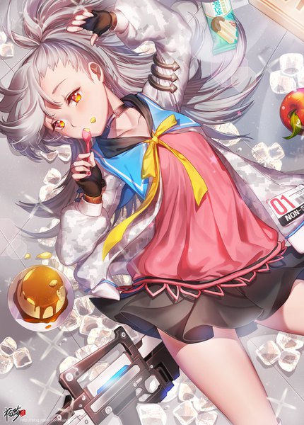 Anime picture 1248x1740 with closers tina (closers) kyjsogom single long hair tall image fringe looking away silver hair lying orange eyes side ponytail food on face girl gloves food sweets fingerless gloves ice cream ice