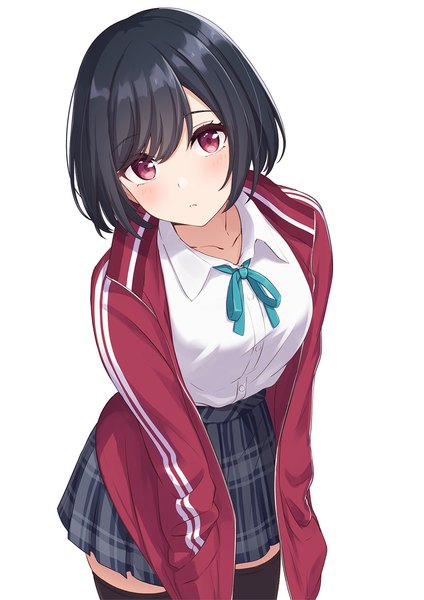 Anime picture 1060x1500 with original minagiku single tall image looking at viewer blush fringe short hair black hair simple background standing white background head tilt pleated skirt pink eyes open jacket leaning leaning forward plaid skirt hands in pockets