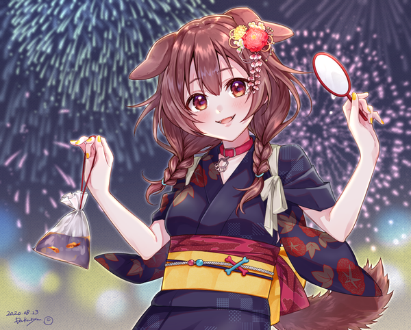 Anime picture 2223x1787 with virtual youtuber hololive inugami korone dakuryuu single long hair fringe highres open mouth hair between eyes brown hair brown eyes signed animal ears upper body tail braid (braids) nail polish traditional clothes :d