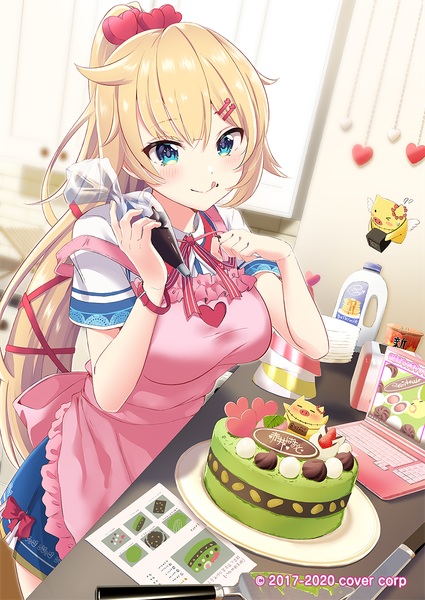 Anime picture 920x1300 with virtual youtuber hololive akai haato akai haato (1st costume) shiokazunoko single long hair tall image looking at viewer blush fringe breasts blue eyes blonde hair smile hair between eyes large breasts standing holding payot