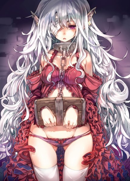 Anime picture 786x1100 with original ukyo rst single long hair tall image light erotic bare shoulders silver hair pink eyes pointy ears elf bondage bdsm bandage over one eye girl thighhighs underwear panties detached sleeves earrings
