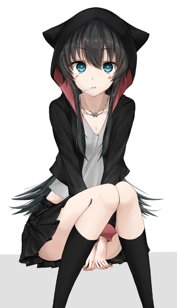 Anime picture 707x1228 with original round (artist) single long hair tall image fringe blue eyes black hair simple background hair between eyes white background sitting holding animal ears bent knee (knees) pleated skirt cat ears mouth hold facial mark convenient censoring