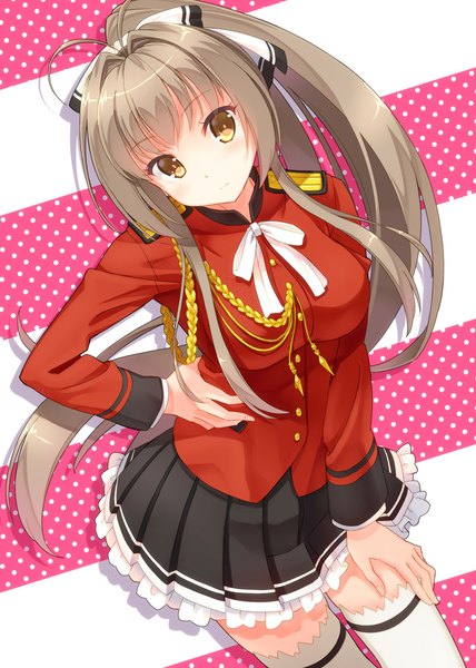 Anime picture 800x1122 with amagi brilliant park kyoto animation sento isuzu hyuuga azuri single long hair tall image brown hair brown eyes ponytail girl thighhighs skirt uniform school uniform white thighhighs