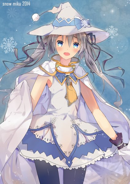 Anime picture 786x1111 with vocaloid suki! yuki! maji magic (vocaloid) hatsune miku yuki miku yuki miku (2014) shutun single long hair tall image looking at viewer blush open mouth blue eyes twintails character names snowing girl ribbon (ribbons) hair ribbon hat