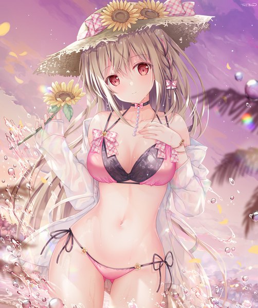 Anime picture 2512x3000 with twinbox school maeda shiori sousouman single long hair tall image looking at viewer blush fringe highres breasts light erotic blonde hair smile hair between eyes red eyes large breasts standing holding signed