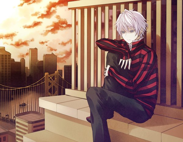 Anime picture 1260x980 with shin megami tensei devil survivor 2 anguished one angel31424 single short hair blue eyes sitting looking away sky cloud (clouds) bent knee (knees) white hair city evening sunset striped cityscape boy bridge
