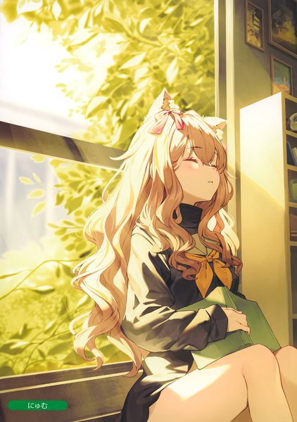 Anime picture 2490x3539 with melonbooks nyum single long hair tall image blush fringe highres hair between eyes brown hair sitting signed animal ears bent knee (knees) indoors eyes closed long sleeves sunlight cat ears scan