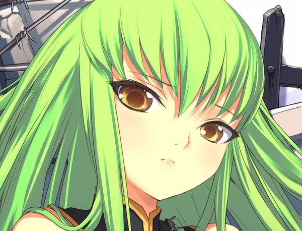 Anime picture 1000x764 with code geass sunrise (studio) c.c. uni (plastic girl) single long hair looking at viewer blush fringe hair between eyes bare shoulders yellow eyes payot green hair lips shadow portrait close-up face girl