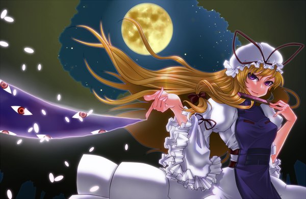 Anime picture 1840x1200 with touhou yakumo yukari orippa single long hair highres blonde hair purple eyes night night sky girl dress moon star (stars) full moon