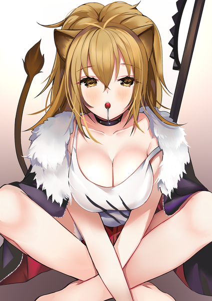 Anime picture 650x919 with arknights siege (arknights) ry thae single long hair tall image looking at viewer blush fringe breasts open mouth light erotic simple background blonde hair hair between eyes large breasts sitting holding animal ears yellow eyes
