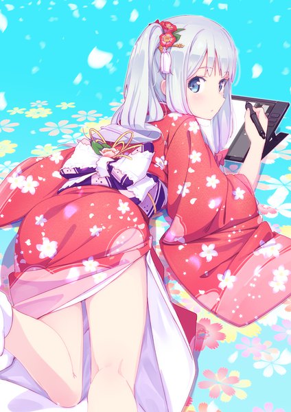 Anime picture 707x1000 with eromanga sensei a-1 pictures izumi sagiri azumi akitake single long hair tall image blush fringe blue eyes light erotic simple background holding payot silver hair lying traditional clothes japanese clothes looking back from behind