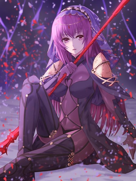 Anime picture 3000x4000 with fate (series) fate/grand order scathach (fate) (all) yagyun single long hair tall image looking at viewer fringe highres breasts open mouth hair between eyes large breasts sitting purple eyes holding payot purple hair bent knee (knees)