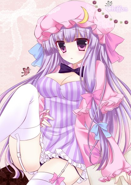 Anime picture 1002x1416 with touhou patchouli knowledge honoka (1399871) single long hair tall image blush light erotic purple eyes purple hair girl thighhighs dress bow hair bow white thighhighs insect butterfly bonnet