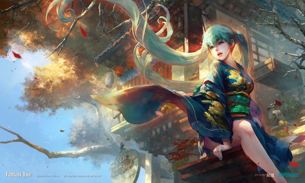 Anime picture 1714x1029 with vocaloid hatsune miku antilous (anti) single fringe highres breasts open mouth hair between eyes wide image sitting twintails looking away sky outdoors very long hair nail polish traditional clothes japanese clothes aqua eyes