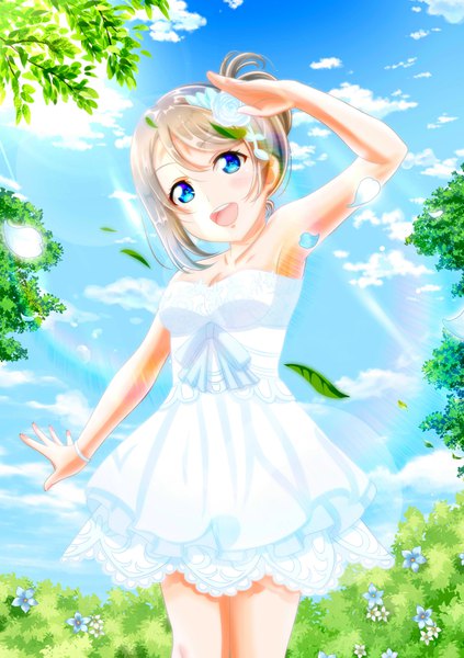 イラスト 720x1020 と ラブライブ!サンシャイン!! サンライズ love live! 渡辺曜 do10nn ソロ 長身像 カメラ目線 赤面 前髪 短い髪 おっぱい 開いた口 青い目 笑顔 hair between eyes 立つ 空 cleavage cloud (clouds)