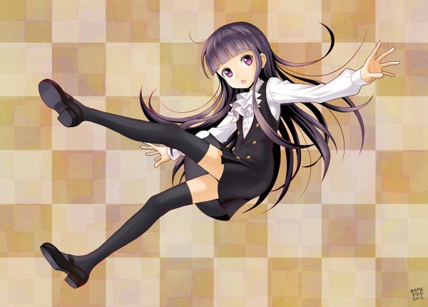 Anime picture 1200x863 with inu x boku ss david production shirakiin ririchiyo single long hair looking at viewer open mouth purple eyes purple hair loli spread arms checkered background girl thighhighs black thighhighs shoes