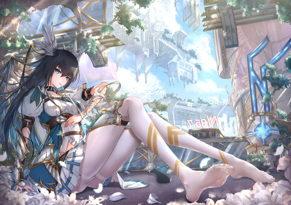 Anime picture 1351x955 with original yue ying jin feng single long hair fringe blue eyes light erotic black hair hair between eyes sitting holding sky cloud (clouds) full body bent knee (knees) outdoors short sleeves no shoes puffy sleeves mouth hold