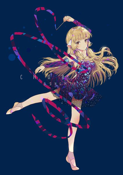 Anime picture 800x1132 with chobits chii dangmill single long hair tall image blush fringe simple background blonde hair standing signed yellow eyes full body blunt bangs light smile copyright name standing on one leg blue background leg lift (legs lift)