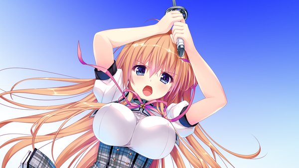 Anime picture 1280x720 with shirogane x spirits! giga shinonome setsuna kino (kino konomi) single long hair looking at viewer blush fringe breasts open mouth blue eyes light erotic brown hair wide image large breasts game cg blue background girl skirt