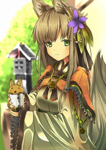 Anime picture 800x1131 with original inabi single long hair tall image looking at viewer brown hair green eyes animal ears tail traditional clothes animal tail fox ears fox tail fox girl girl animal