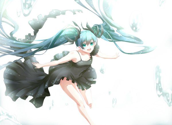 Anime picture 1500x1094 with vocaloid shinkai shoujo (vocaloid) deep-sea girl (vocaloid) hatsune miku phino (jinko0094) nanatsuki-jinko single long hair looking at viewer blush open mouth simple background smile white background twintails bare shoulders aqua eyes aqua hair teeth spread arms