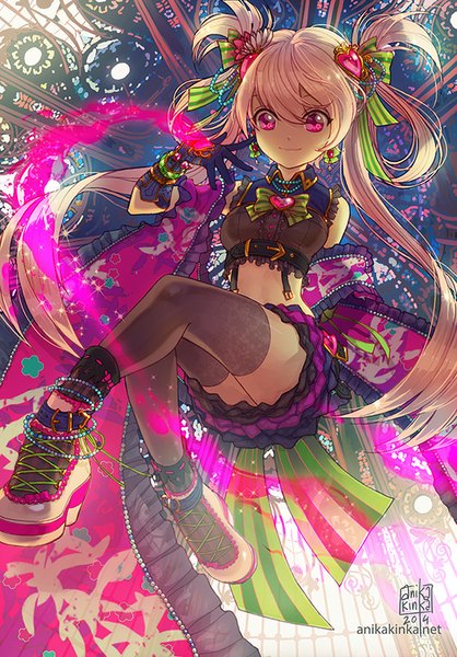 Anime picture 558x800 with original anikakinka single long hair tall image fringe blonde hair twintails bare shoulders signed pink eyes light smile bare belly looking down weightlessness girl thighhighs skirt gloves hair ornament