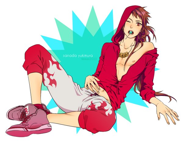 Anime picture 1273x1000 with sengoku basara production i.g sanada yukimura temari114 single long hair open mouth simple background red eyes brown hair white background sitting one eye closed wink open clothes open shirt mouth hold reclining boy navel