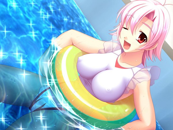 Anime picture 1024x768 with suisui -sweetheart swimmer (game) open mouth light erotic red eyes pink hair game cg girl swimsuit