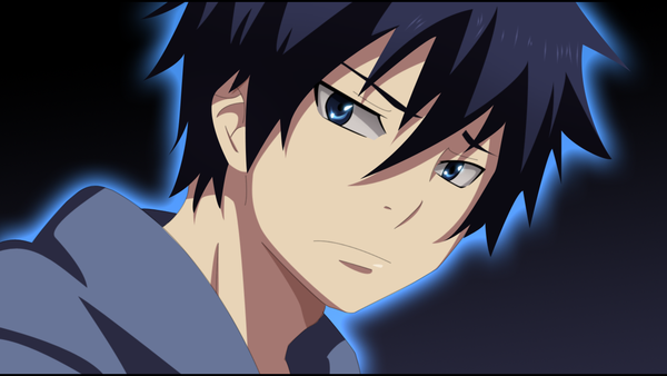 Anime picture 1300x734 with ao no exorcist a-1 pictures okumura rin manueljma single short hair blue eyes black hair wide image coloring black background portrait face boy