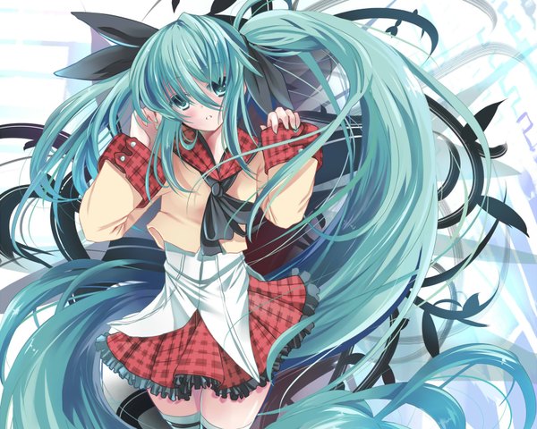 Anime picture 1600x1280 with vocaloid hatsune miku xephonia long hair twintails green eyes very long hair green hair girl skirt bow hair bow miniskirt