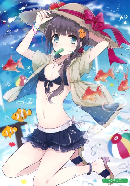Anime picture 2452x3500 with melonbooks pokoruru single long hair tall image looking at viewer highres blue eyes light erotic black hair signed scan girl navel bow swimsuit hat animal bikini food