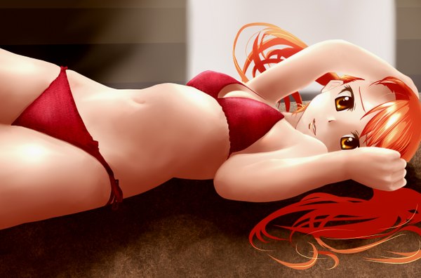 Anime picture 1280x845 with ano hi mita hana no namae wo bokutachi wa mada shiranai a-1 pictures anjou naruko mory (artist) single long hair twintails red hair lying orange eyes girl swimsuit bikini red bikini