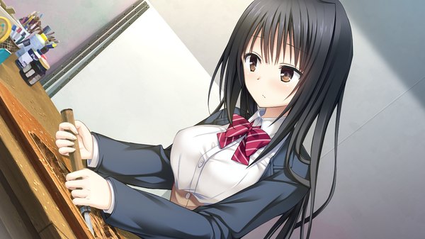 Anime picture 1280x720 with kiss ato natsume azusa mikoto akemi single long hair black hair wide image brown eyes game cg girl uniform school uniform bowtie