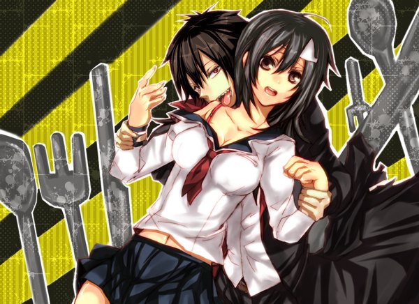 Anime picture 1078x785 with blood lad brains base (studio) charlie blood staz yanagi fuyumi kon benkyouchuu short hair black hair brown eyes one eye closed pink eyes wink teeth couple licking sharp teeth girl boy skirt uniform school uniform