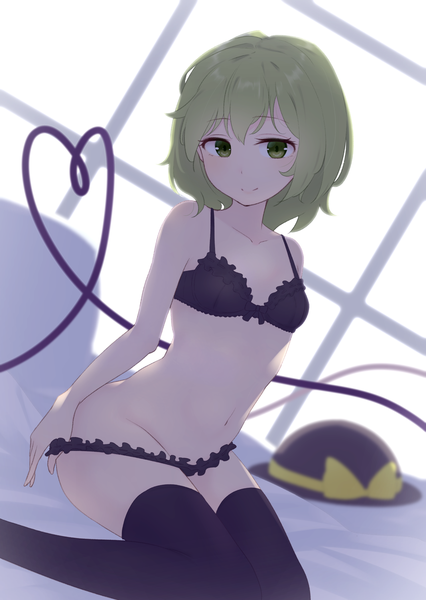 Anime picture 1488x2098 with touhou komeiji koishi kanpa (campagne 9) single tall image looking at viewer short hair breasts light erotic smile sitting green eyes green hair wariza panty pull hat removed headwear removed girl thighhighs navel
