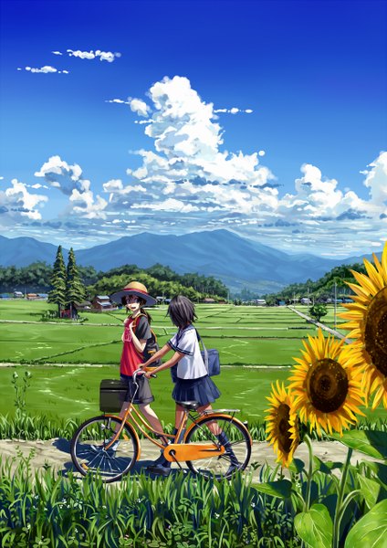 Anime picture 900x1272 with original bokuden tall image short hair open mouth black hair brown hair multiple girls holding brown eyes sky cloud (clouds) shadow mountain landscape scenic talking girl skirt uniform