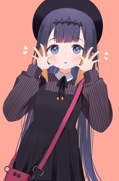 Anime picture 795x1200 with virtual youtuber hololive hololive english ninomae ina'nis ninomae ina'nis (2nd costume) deyui single long hair tall image looking at viewer fringe blue eyes simple background blue hair upper body blunt bangs mole mole under eye striped pink background