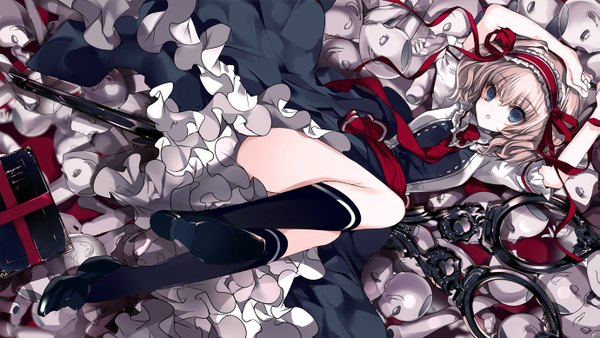 Anime picture 1379x777 with touhou alice margatroid cierra (ra-bit) single looking at viewer fringe short hair blue eyes blonde hair hair between eyes wide image full body bent knee (knees) parted lips arms up :o thighs soles leg lift (legs lift) girl