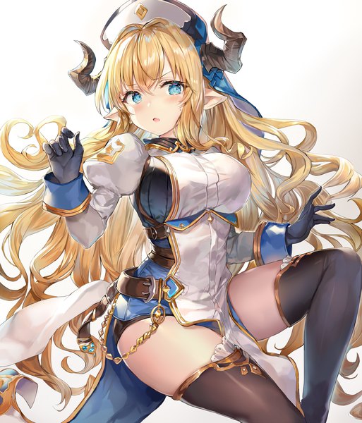 Anime picture 1300x1519 with granblue fantasy rastina momoko (momopoco) single long hair tall image looking at viewer blush fringe breasts open mouth blue eyes light erotic blonde hair simple background hair between eyes large breasts white background payot horn (horns)