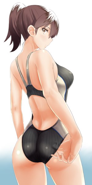 Anime picture 1500x3000 with kantai collection kaga aircraft carrier wamwam single tall image blush short hair light erotic brown hair bare shoulders brown eyes ass ponytail looking back from behind adjusting swimsuit girl swimsuit one-piece swimsuit black swimsuit