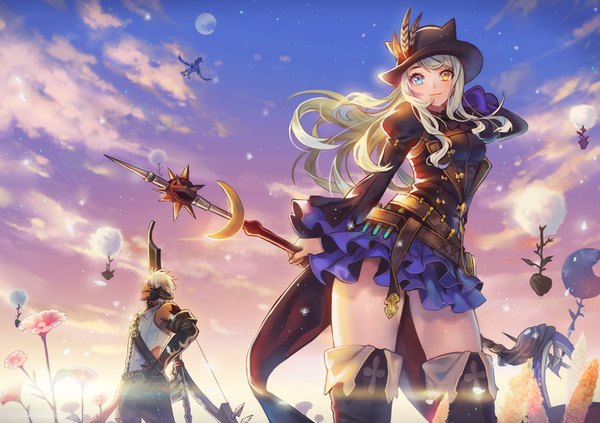 Anime picture 1000x705 with final fantasy final fantasy xiv square enix au ra bard (final fantasy) lino chang long hair looking at viewer blush fringe short hair breasts blue eyes smile standing animal ears sky silver hair cloud (clouds) outdoors
