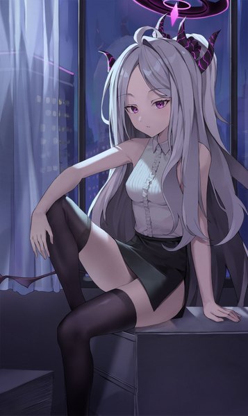 Anime picture 1000x1680 with blue archive hina (blue archive) dawon single long hair tall image looking at viewer fringe light erotic sitting purple eyes silver hair bent knee (knees) indoors horn (horns) night arm support one side up side slit hand on knee