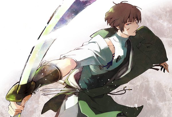 Anime picture 1462x993 with touken ranbu nitroplus ishikirimaru kushigeho single fringe short hair simple background brown hair brown eyes profile outstretched arm spread arms fighting stance injury cuts boy weapon sword katana