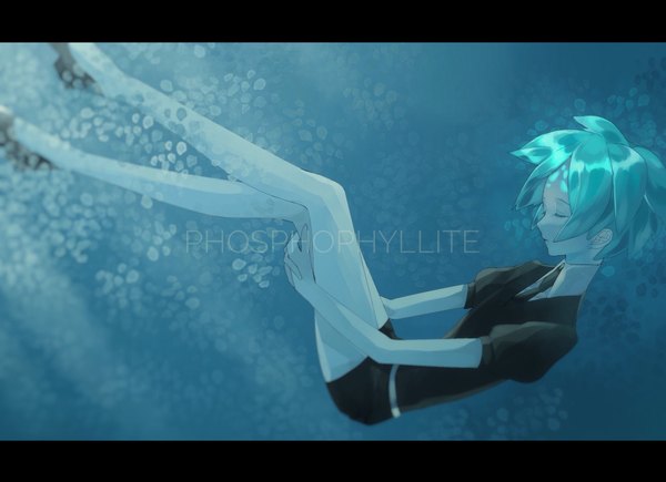 Anime picture 2048x1488 with houseki no kuni phosphophyllite hana (kyonkyon999) single highres short hair eyes closed profile aqua hair puffy sleeves character names letterboxed underwater androgynous long legs