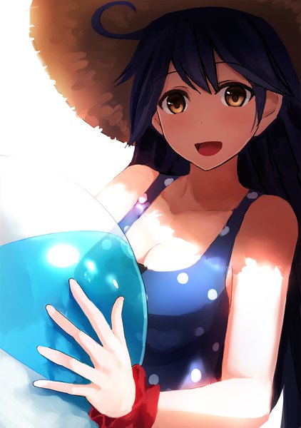 Anime picture 1056x1500 with kantai collection ushio destroyer akabane rin single long hair tall image looking at viewer blush fringe breasts open mouth light erotic black hair brown eyes upper body ahoge :d polka dot wrist scrunchie girl