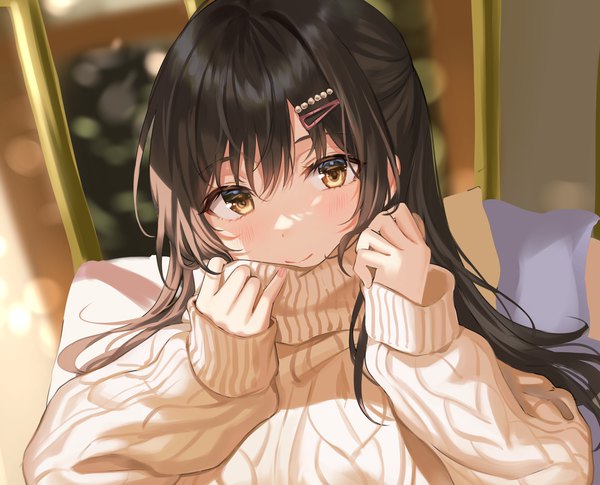 Anime picture 2105x1702 with original tokkyu single long hair looking at viewer blush fringe highres smile hair between eyes brown hair brown eyes long sleeves blurry lens flare sleeves past wrists shaded face girl hairclip bobby pin
