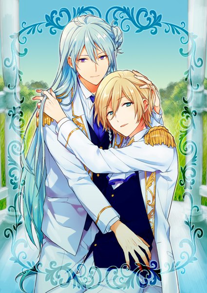 Anime picture 692x977 with ensemble stars! hibiki wataru tenshouin eichi uririri69 long hair tall image looking at viewer fringe short hair blonde hair hair between eyes purple eyes blue hair aqua eyes multiple boys hair bun (hair buns) hug shounen ai hand on another's head boy