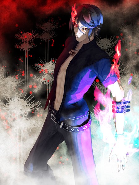 Anime picture 1125x1500 with vocaloid magnesium deino single tall image looking at viewer short hair black hair red eyes standing blue hair nail polish open clothes open shirt glowing glowing eye (eyes) boy navel plant (plants) earrings