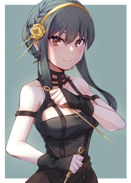 Anime picture 773x1080 with spy x family yor briar reitency single long hair tall image looking at viewer fringe black hair simple background smile hair between eyes red eyes cleavage upper body border shaded face outside border girl weapon
